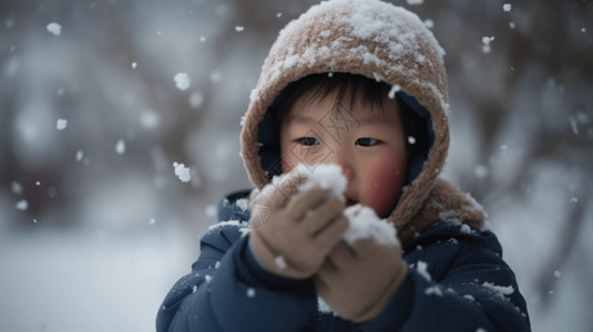 一个中国小男孩在雪地里打雪仗图片