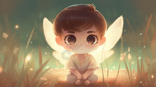 草地上长着发光翅膀的小男孩卡通插图图片