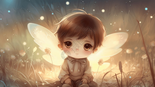 草地上长着翅膀的小男孩卡通插图图片