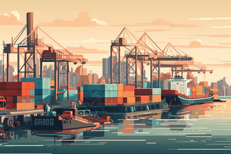 海港集装箱货船装卸集装箱插画