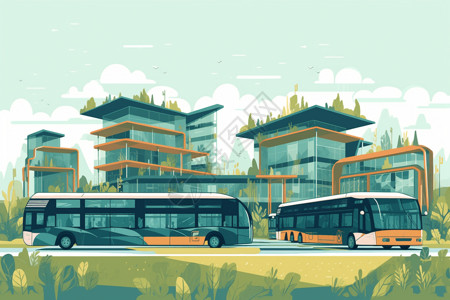 开放大学大学校园周围有多辆电动穿梭巴士插画