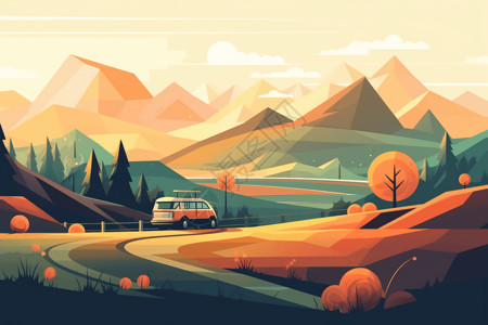 山区道路美丽的乡村景观插画