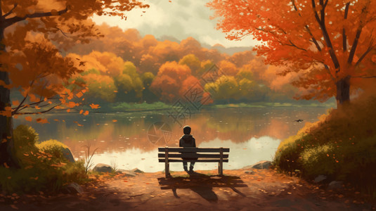 秋叶上明珠男孩坐在长椅上沉思卡通插图插画
