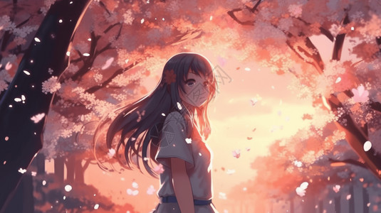 站在樱花树下的动漫女孩背景图片