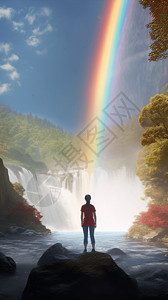 站在森林和瀑布彩虹前的女孩背景图片