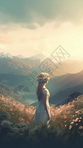 小山上戴着花冠的女孩背景图片