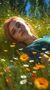 躺在开满花的草地上的女孩图片