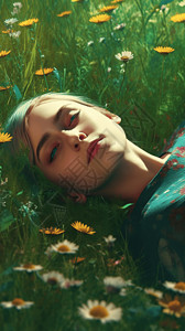 躺在绿色草地上的女孩背景图片