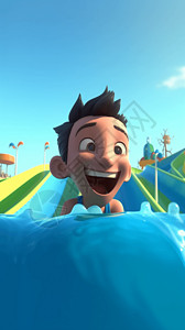 在水上乐园玩滑水道的男孩插画