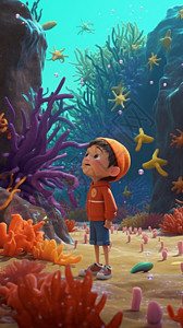 海边探索潮汐池的毛线帽男孩漫画背景图片