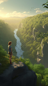 在悬崖顶上看山间河流的女孩漫画插图图片