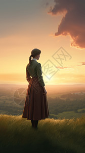 站在山丘上看着夕阳的长裙女孩背景图片