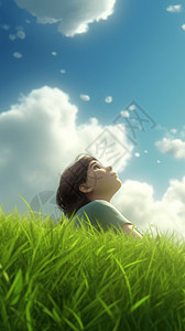躺在云上躺在草丘上凝视着云层的女孩漫画插图插画