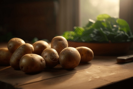 土豆在木制砧板上背景图片