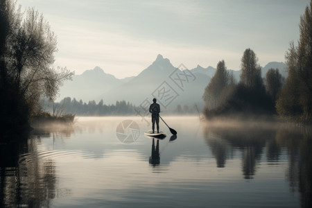 划桨手欣赏湖面的景色背景