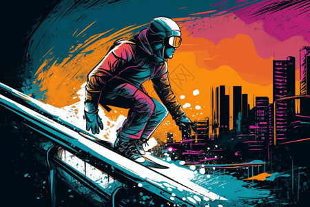 斜坡街道滑雪者在铁轨上插画