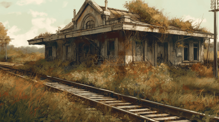 废弃的火车站3D插图图片