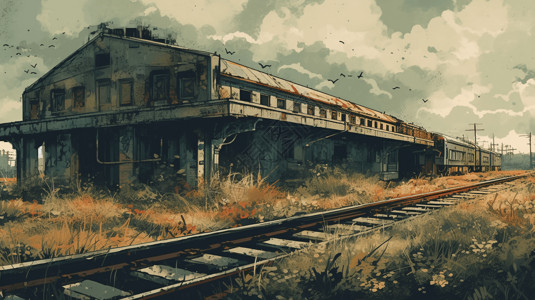 杂草丛生废弃的火车站创意插图插画