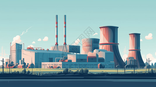 温室气体排放发电厂及其冷却塔的创意插图插画