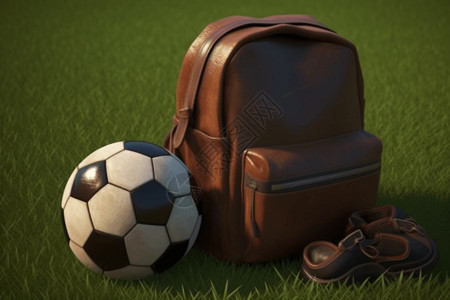 棕色背包背包和足球3D概念图设计图片