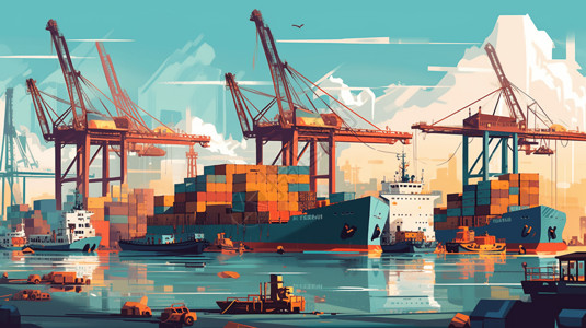 海事船起重机运输集装箱的港口平面插图插画