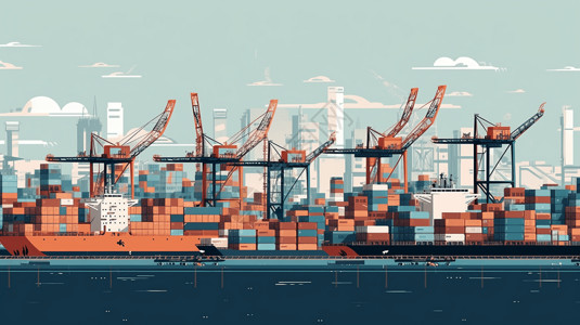 集装箱港口码头装满卸货集装箱的码头插图插画