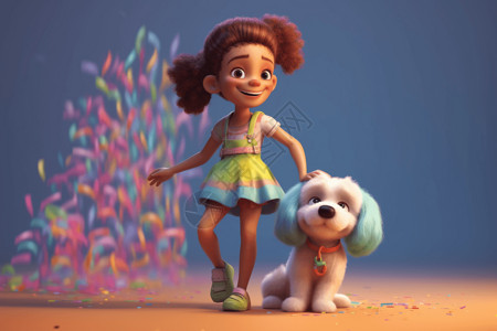 雀斑卡通女孩和一只小狗设计图片