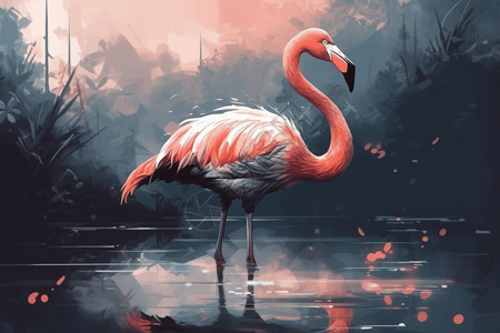 湖中色彩火烈鸟站在湖中插画