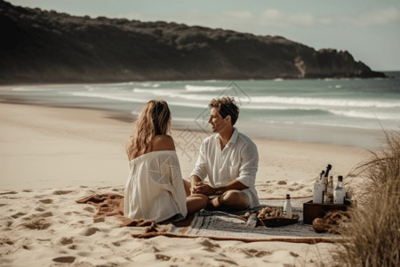 坐在沙滩上的情侣背景图片