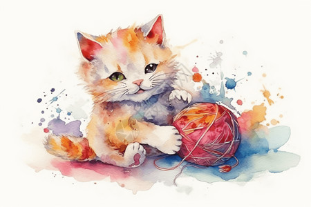 玩毛线猫玩毛线球的水彩猫插画