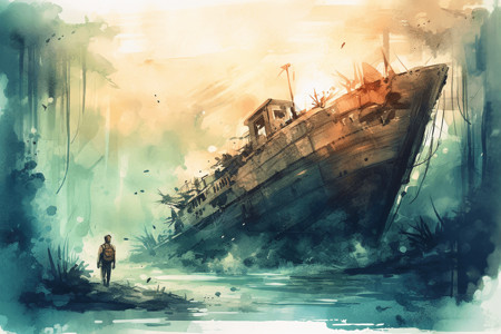 水彩画人物探索沉船的潜水员设计图片
