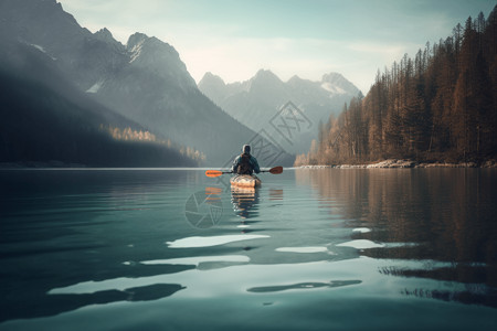 桨皮划艇宁静湖泊中航行设计图片