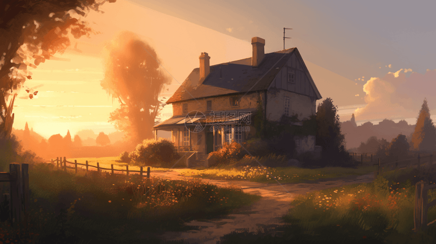 一个安静的乡村小屋-在黄金时段捕捉到温暖柔和的灯光，散发出宁静的氛围。插图，百万像素图片