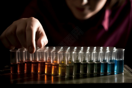 中性颜色化学反应: 装有不同颜色液体的冒泡试管的特写镜头，实验室技术人员近距离研究它们。中旅现实照片，具有中性背景，高渲染和自然采光。设计图片