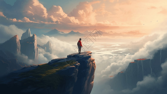 太平山顶俯瞰一个冒险的人插画