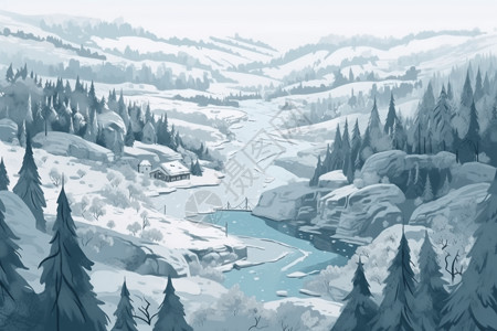 雪白冬天树冬季仙境插画