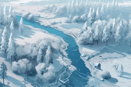 冬天结霜白雪皑皑的风景插画