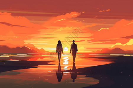 海滩上散步的情侣背景图片