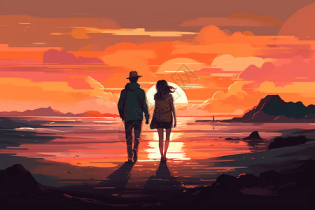 日落散步的情侣图片