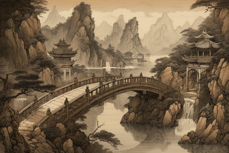 中国古典桥梁水墨画背景图片