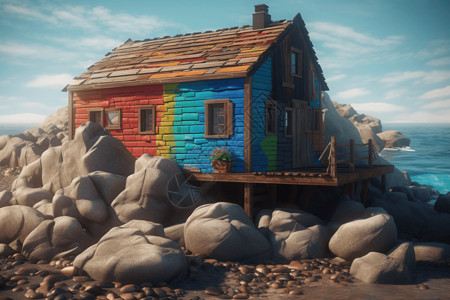 海边屋子海边石滩上的房子插画