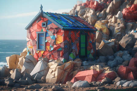海边岩石上的小屋图片