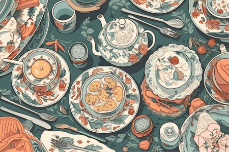 茶花纹桌布和瓷器插画
