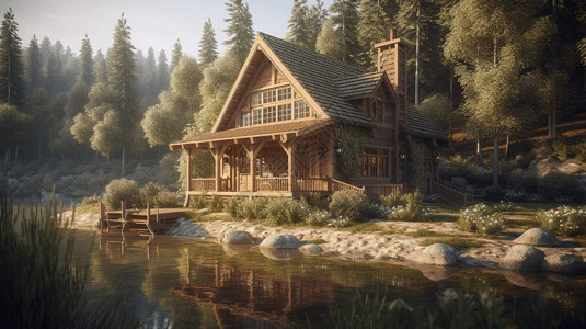 湖边小屋木制的古朴小屋设计图片
