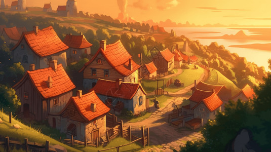 小红平房风景秀丽的村庄插画