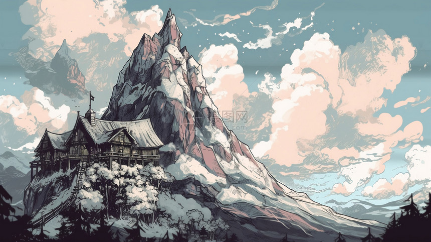 日落时白雪皑皑的山峰插图图片