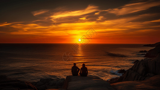 看海边日落的情侣背景图片