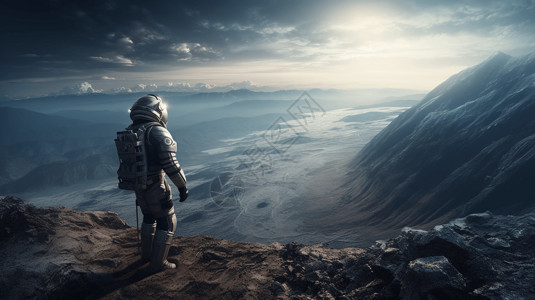 在山顶画风景站在岩石上的宇航员设计图片