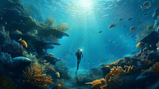 珊瑚礁里鱼在海底的潜水员插画