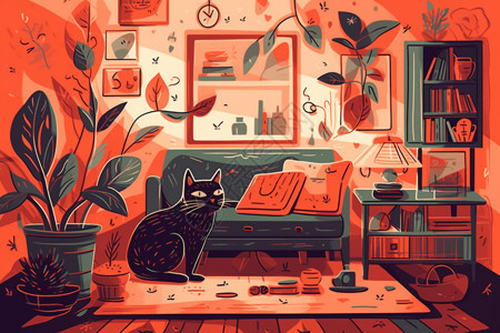 客厅中的黑猫背景图片